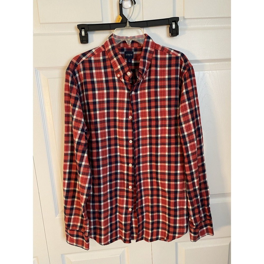 J.CREW Plaid Button-Up Shirt Red Navy White Woven Cotton Long‎ Sleeve L